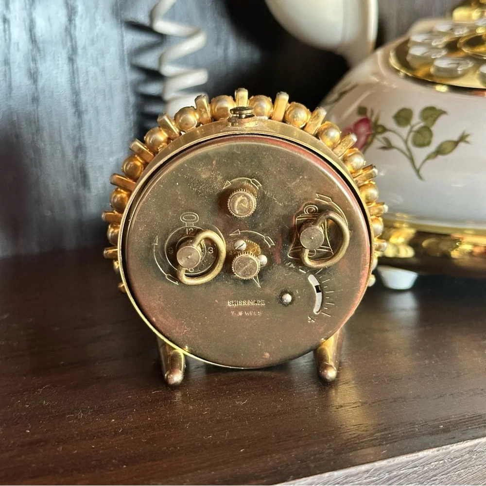 1900's Vintage Semca 7 Jewels Alarm Clock Swiss Aqua Blue & Diamond Rhinestones